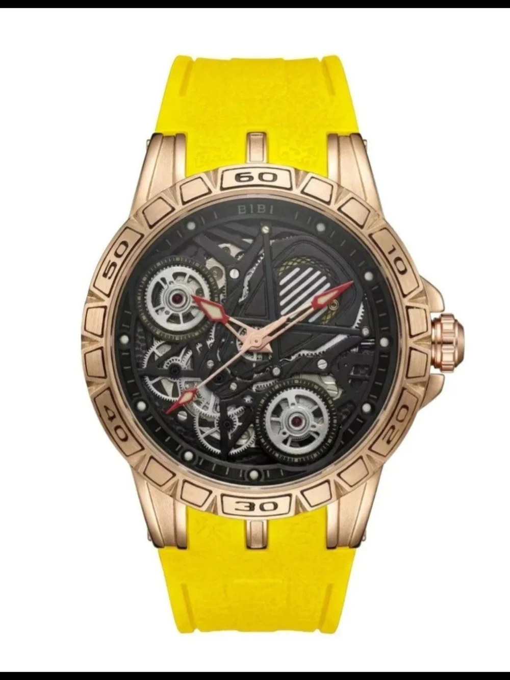 ​BiBi Luxury Men's Watch Automatic Mechanical Skeleton Rose Gold Yellow Rubber